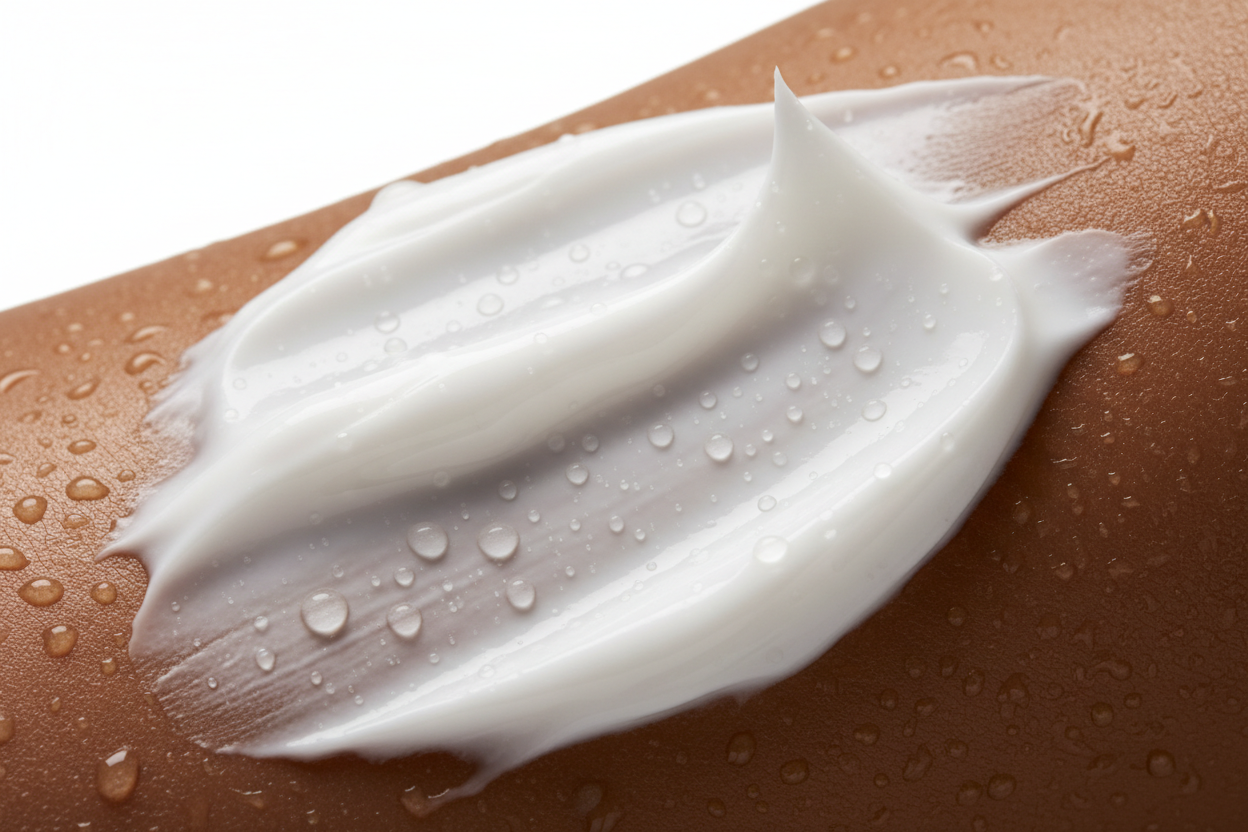 a hyper realistic closeup picture of a cream on wet skin, the color of cream is white and skin is dark. the background of a picture is white