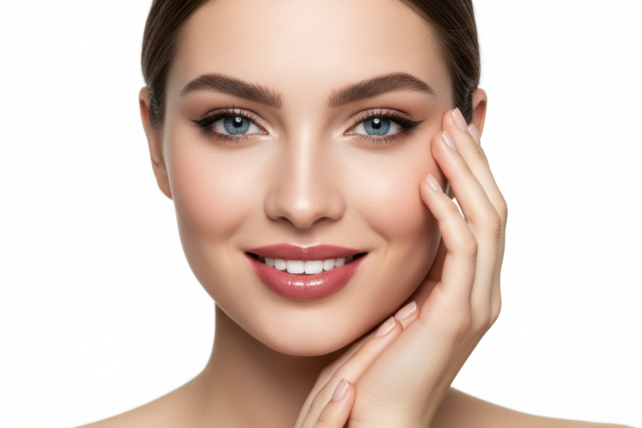 create a hyper realistic image of a girl in her 20s smiling and touching her face. she has blue eyes and fair white skin with makeup, the picture should be with white background